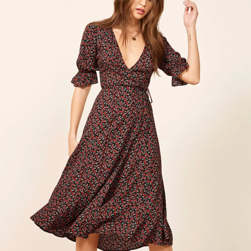 Reformation Judith Midi Wrap Dress Mabel Print Red